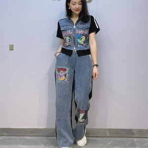 Conjunto Casual de Dos Piezas de Mezclilla con Cárdigan Corto con Cremallera y Pantalones de Manga Corta con Diamantes <span class=keywords><strong>para</strong></span> <span class=keywords><strong>Mujer</strong></span>, Moda de Verano B0153 - Product Image 1