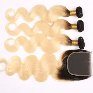 Mechones de pelo humano virgen con cierre, mechones de pelo de visón brasileño ondulado 1B 613 Rubio degradado