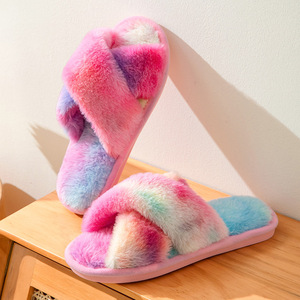 Nouvelle fourrure personnalisable pour chaussons femme, motif tie-dye croisé tendance avec finition duveteuse pour l'hiver, l'été et l'automne - Product Image 2