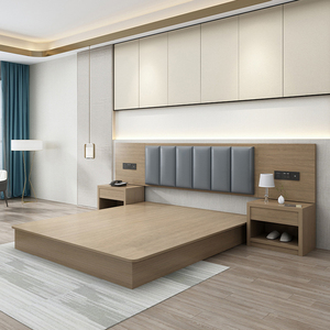 Современный комплект мебели для спальни из деревянных панелей для отелей и апартаментов: двуспальные кровати, тумба под телевизор, багажная полка и откидная кровать для стандартных номеров и спален - Product Image 4