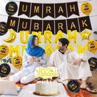 Bannière en papier Umrah Mubarak avec ballons, ballons de Ramadan, décoration de gâteau, bannière de ballons en latex imprimée pour la décoration de l'Aïd/Ramadan