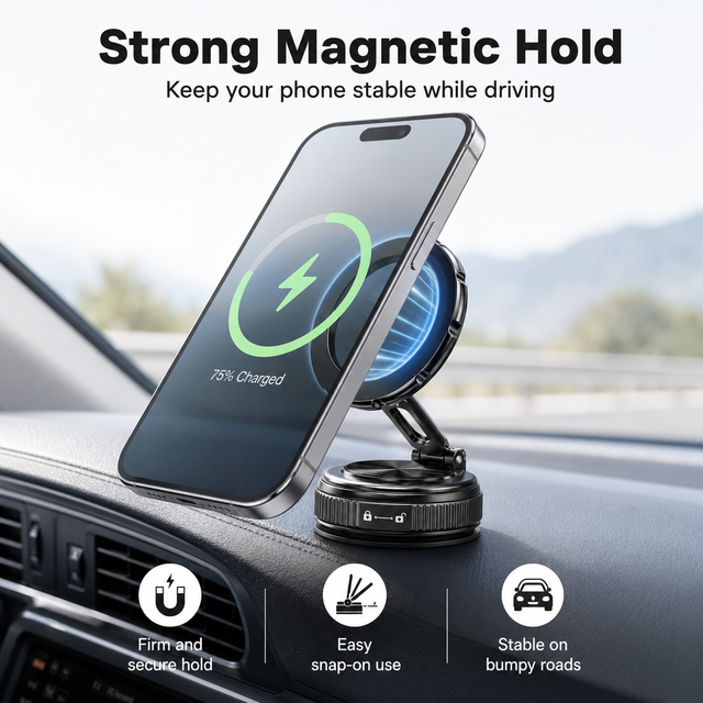 Heat Resistant Magnetic Car Holder Aluminum Folding Arm Gel Suction Base Stable 360-Degree Rotation Durable Easy Install Summer