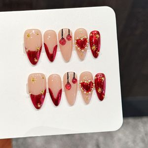 <span class=keywords><strong>Uñas</strong></span> Postizas Almendradas Medianas Hechas a Mano, Color Rojo Intenso Aura, Corazón de Perla 3D <span class=keywords><strong>y</strong></span> Estrella Dorada, <span class=keywords><strong>Uñas</strong></span> Rojas Festivas de Lujo al por Mayor - Product Image 2