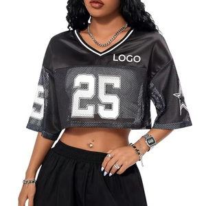 Custom Made Women's American Football Jersey Breathable 100% <b>Polyester</b> Plus Size Cropped Retro Jerseys with Short Sleeves - Product Image 4
