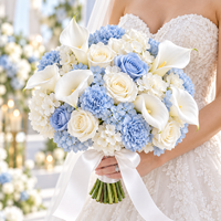 Bouquet de mariée artificiel bleu et blanc, roses, lys, hortensias, œillets en soie, ruban de satin pour mariage