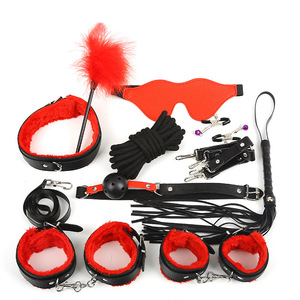 Ensemble de 10 pièces en cuir et peluche sexy, noir et rouge, pour adultes, stimulation, flirt, domination, jouets de bondage - Product Image 1