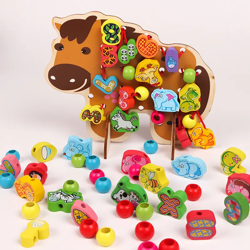 HOYE शिल्प बच्चों रंगीन पशु लकड़ी सूत्रण खिलौना Stringing मोती खिलौना शैक्षिक खिलौने बच्चों के लिए
