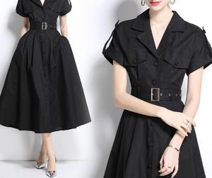 Droma en stock 2025 Nouveau design Vintage à manches courtes pour femmes Robes décontractées slim à la mode pour femmes Vêtements pour femmes Robe chemise noire - Product Image 3