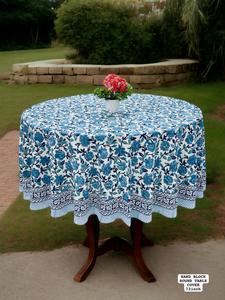 Nappe ronde à motifs floraux bleus imprimés à la main – Nappe en coton de 72 pouces - Product Image 3