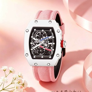 Reloj de Cuarzo para Mujer <span class=keywords><strong>KIMSDUN</strong></span> 901, Caja Tonneau, Esfera Esqueletizada, Correa de Lona con Rayas Rosas, Reloj de Pulsera Moderno, Regalo para Chicas - Product Image 2