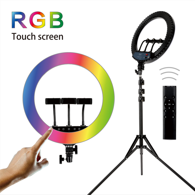 RGB Colorful 18 Inches Live Streaming Selfie Makeup Fill Lamp LED Circle RGBW Ring Light with Tripod Stand Phone Holder