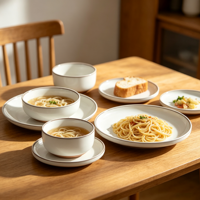 Services de table EKA style campagne française en céramique, assiettes et bols assortis avec bordure marron rustique pour restaurants et hôtels (vente en gros)