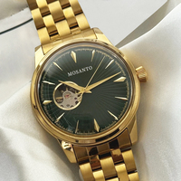 Montre mécanique pour homme tendance, boîtier doré poli brillant, cadran décoratif vert, bracelet tout en métal doré, montre décontractée pour homme