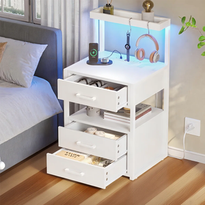 Table de chevet moderne en chêne blanc avec chargeur sans fil, ports USB, 3 tiroirs et éclairage LED pour chambre et salon - Product Image 2