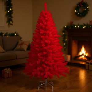 Árbol de Navidad Artificial Rojo de 6 Pies, Pino sin Luces, Base de Metal, Decoración Interior - Product Image 2