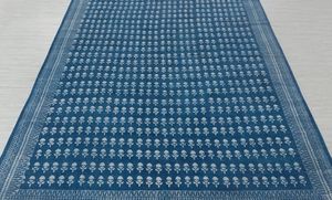Blue White Floral <b>Block</b> Print Cotton Rug Handmade Carpet with Tassels Boho Style Floor Rug Home Decor - Product Image 3