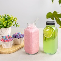 Bouteille en verre réutilisable transparente de 480 ml, forme carrée, pour jus ou lait, avec couvercle noir