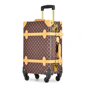 Custom Luxury High Quality PU Leather Aluminum Frame Travel Luggage Retro Vintage Suitcase Classical Travel Luggage Bag