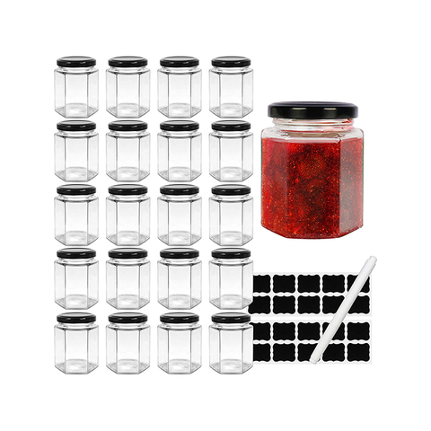 Hot Sale Hexagon Glass Jars With Black Lids 20pcs 6oz Canning Jars for Jam Honey Jelly Candy Candle Wedding Favors
