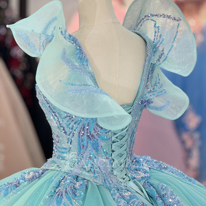 Robe de Quinceañera vert aqua avec appliques, dos nu, robes de bal d'anniversaire Dy1355 - Product Image 5