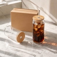 Glazen drinkset 6-delig, koffiekopjes van borosilicaatglas, drinkglazen 16oz met deksel en rietje voor e-commerce verpakking