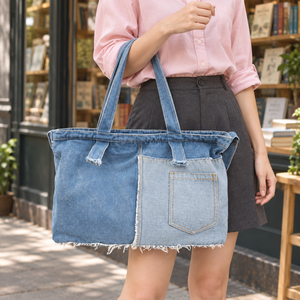 Bolso tote grande <span class=keywords><strong>de</strong></span> mezclilla para mujer al por mayor con cierre <span class=keywords><strong>de</strong></span> cremallera, paneles <span class=keywords><strong>de</strong></span> patchwork y dos asas <span class=keywords><strong>de</strong></span> tela para compradores <span class=keywords><strong>de</strong></span> cadenas minoristas - Product Image 3