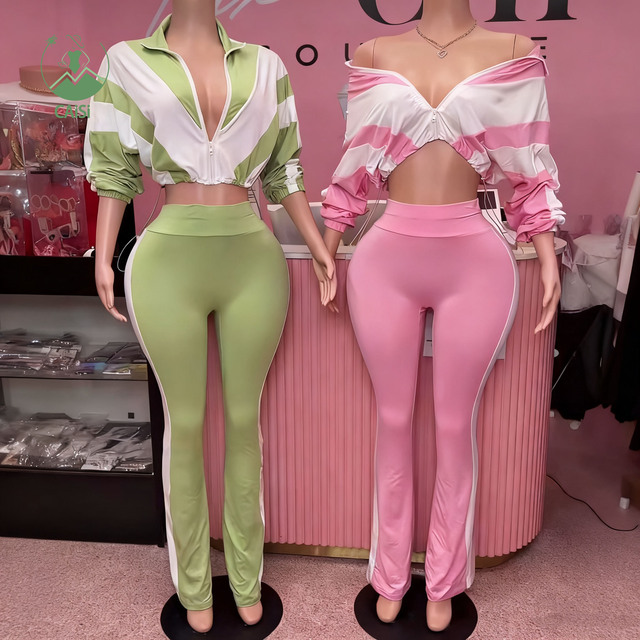 Woman Two 2 Pieces Set Spring Tracksuits Fashion Designer Patchwork Zipper Color Blockd Jacket and Long Pants Set Casual Outfits