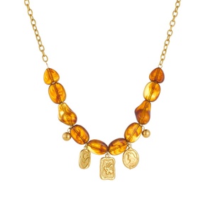 Conjunto de Joyería de Acero Inoxidable Chapado en Oro con Colgante de Mariposa y Flor, Pulsera y Collar de Cuentas de Resina Irregulares Marrón-Rojo - Product Image 6