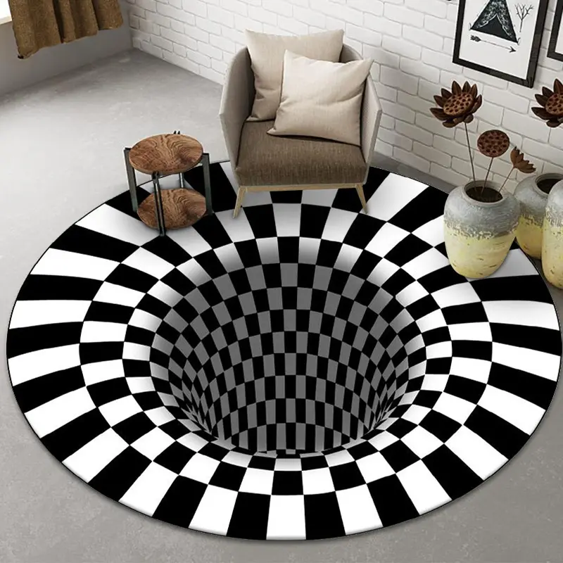 Популярный коврик с 3D принтом, коврик без дна, с отверстиями, с оптической иллюзией, напольный коврик, нетканый нескользящий черный, белый круглый коврик для комнаты