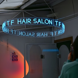 Enseigne néon <span class=keywords><strong>circulaire</strong></span> suspendue personnalisée, enseigne lumineuse <span class=keywords><strong>LED</strong></span> en acrylique, signalétique décorative commerciale à fixation au plafond - Product Image 6