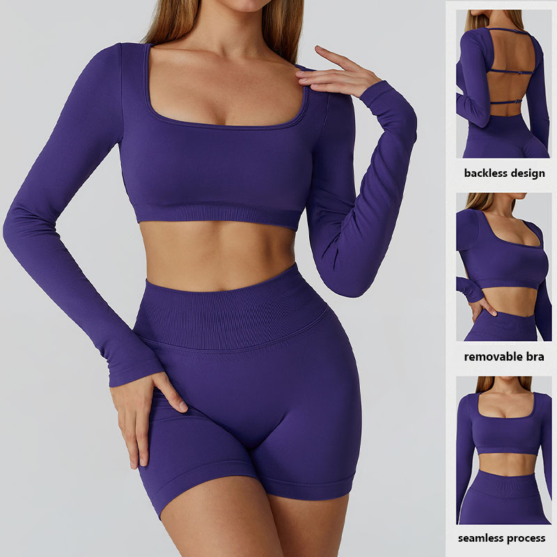 Seamless Female Long Sleeve Breathable Design Backless Adjustable Strap Gym Athletic Fitness Yoga Top
