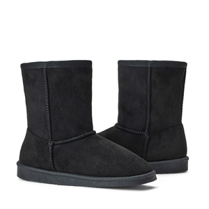Black Faux Suede Slip On Winter Mid Calf Boots Classic Stitched Look Comfort Footwear For Cold Weather Daily Outdoor Wear - Product Image 1
