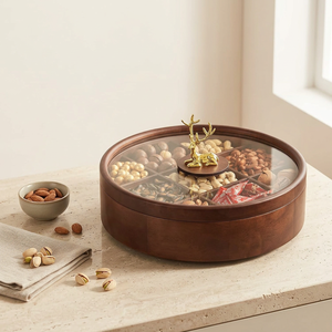 Caja de Madera de Acacia Personalizada para Frutos Secos, con Tapa de Vidrio, Múltiples Compartimentos, Organizador de Dulces y Nueces, Bandeja para Servir, Apta para Lavavajillas, Ecológica - Product Image 1
