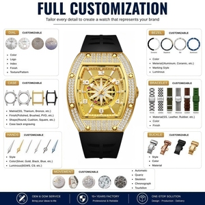 OEM <b>Watch</b> Manufacturers Custom Design Gold Case Diamond Stainless steel <b>Watch</b> <b>Skeleton</b> Tonneau Shaped <b>Automatic</b> Mossanite <b>Watch</b> - Product Image 2