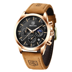 Montre à quartz pour homme Benyar, chronographe analogique, phase de lune, date, luminescente, bracelet en cuir marron, boîtier de 10 mm - Product Image 5