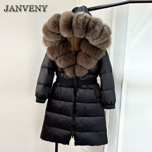 JANVENY Nuovo Parka Piumino <span class=keywords><strong>Lungo</strong></span> da <span class=keywords><strong>Donna</strong></span> Sciolto con Cintura, Caldo e Spesso, Imbottito al 90% in Piuma d'Anatra Bianca Naturale, Giacca Invernale con Grande Collo in Vera Pelliccia di Volpe - Product Image 3