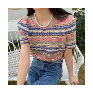 Women's colorful hollowed out flower thin top with short sleeved summer knitted shirt