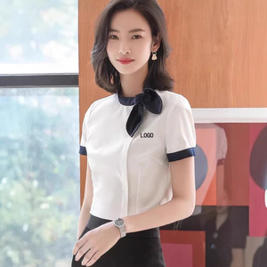 Women's Professional Short Sleeve Shirt Solid Color Ribbon Collar Workwear For Hotel Receptionist Beauty Salon Uniform Set - Product Image 3