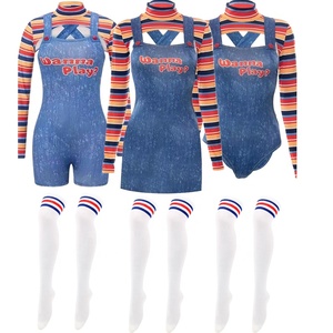 <span class=keywords><strong>Disfraz</strong></span> de Halloween <span class=keywords><strong>Scream</strong></span> para mujer, <span class=keywords><strong>disfraz</strong></span> de muñeca asesina espeluznante, Tops de manga larga de cuello alto, conjunto de monos cortos con medias - Product Image 4