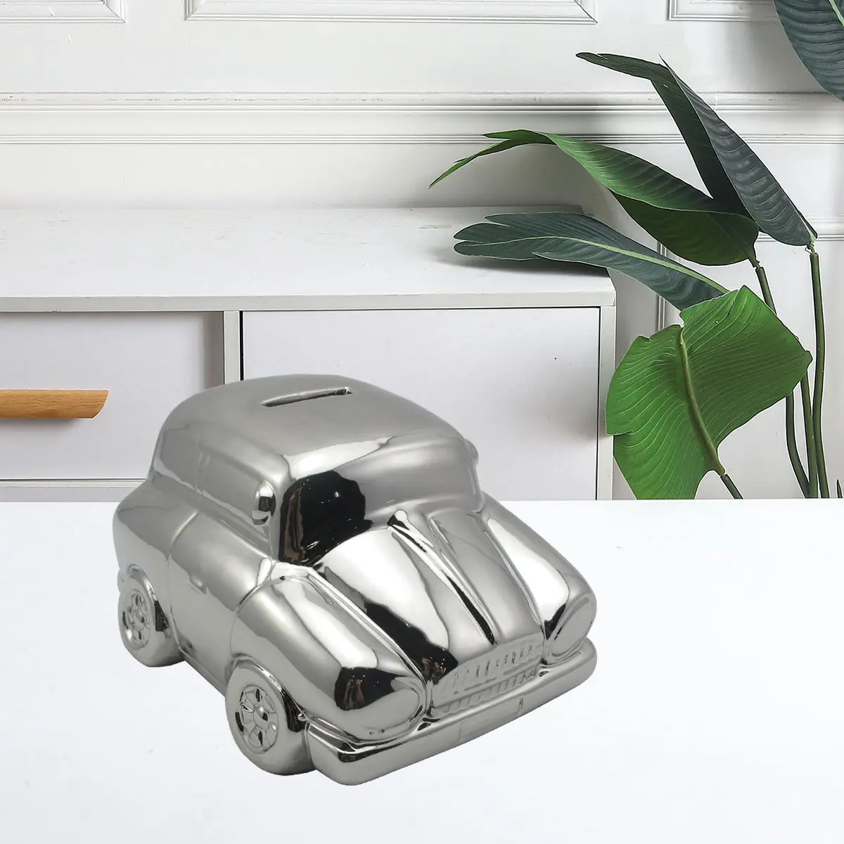 Huifa New Design Electroplated Silver Ceramic Piggy Bank Children's Car and Number Shape Savings Bank for Home Decor and Gifts