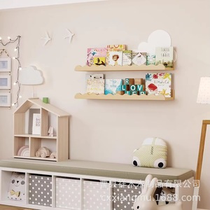 Childrens Wall Mounted <b>Shelf</b> Natural Wood Color 40x12x5cm Multifunction Storage <b>Rack</b> For Bedroom Living Room Decor - Product Image 1