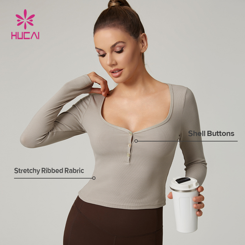 HUCAI Custom 90.2% Viscose 9.8% Spandex Square Neck Stretchy Ribbed Slim Fit Long Sleeve Yoga Top Workout Women Gym t Shirt