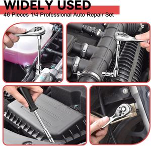 Jeu de douilles de 46 pièces, 1/4 pouce, jeu de clés à cliquet métriques avec douilles de 4 à 14 mm, kits d'outils de mécanicien pour la réparation automobile domestique - Product Image 6
