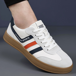 Chaussures de tennis respirantes pour hommes, à bout rond rayé, avec empeigne synthétique, semelle extérieure en caoutchouc, doublure en mesh, style décontracté pour la marche - Product Image 1