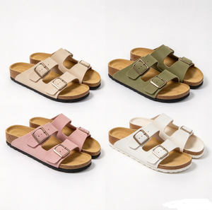 Women PU Leather Cork Sole Flat Sandals Buckle Strap Open Toe Casual Summer <b>Slides</b> - Product Image 1