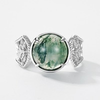 Bague Norelle en argent S925 avec cabochon rond en agate mousse, agate verte naturelle motif feuille filigranée, bijoux fins vintage pour femme