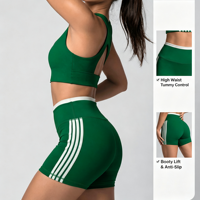 Ensemble de yoga 2 pièces pour femme, color block rayé, avec soutien-gorge de sport à dos découpé et short taille haute push-up, tenue de sport pour la gym