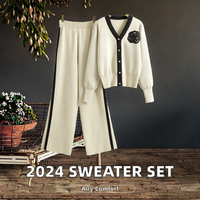 2024 automne et hiver nouveau pull ensemble col en v à manches longues Cardigan haut et pantalon ample à jambes larges solide tricot deux pièces ensemble