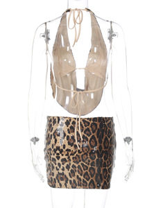 Conjunto de Dos Piezas GX17636, Ropa de Verano Sexy y a la Moda, Top Corto Halter con Lentejuelas y Estampado de <span class=keywords><strong>Leopardo</strong></span> y Falda Maxi - Product Image 4