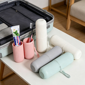 Estuche portátil de viaje para cepillo de dientes con rayas verticales, soporte para pasta de dientes y cepillo, vaso para enjuague bucal, vaso para enjuague, para viaje - Product Image 2
